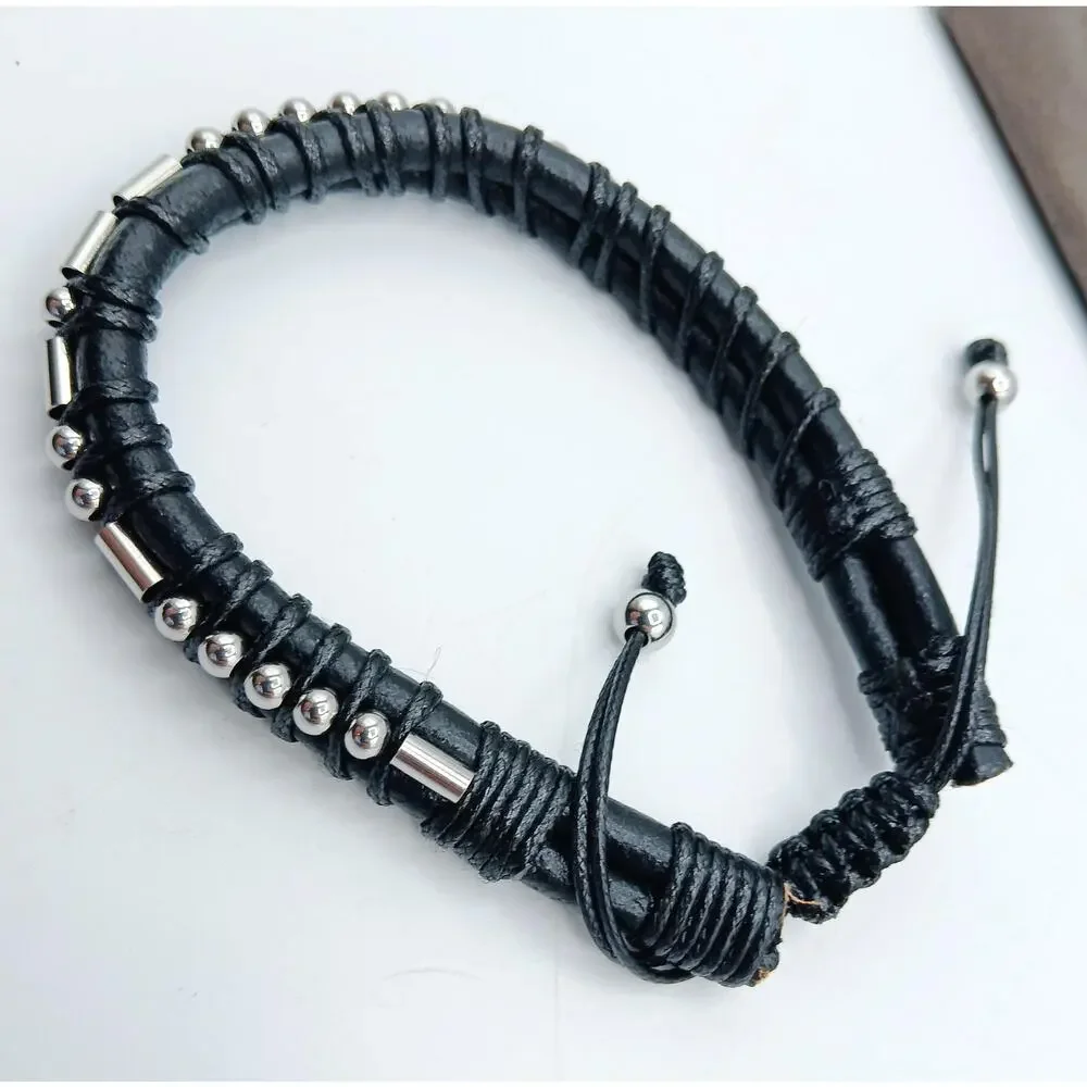 HIMSTORY Handmade Black Leather Morse Code Bracelet